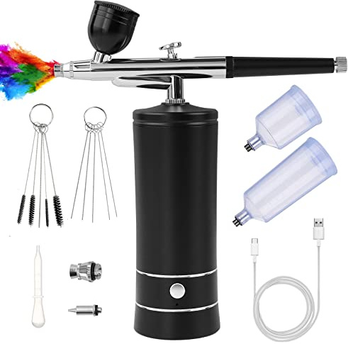 Ykall Airbrush Kit with Compressor, Rechargeable Cordless Non-Clogging High-Pressure Air Brush Set with 0.3mm Nozzle and Cleaning Brush Set for Nail Art, Makeup, Painting, Cake Decor (Black)