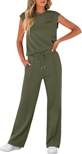 LLECDASEUI Dam sommar 2-delad klädsel casual ärmlös sweatsuits matchande breda ben träningsoveraller lounge-set modekläder, Armégrönt, M