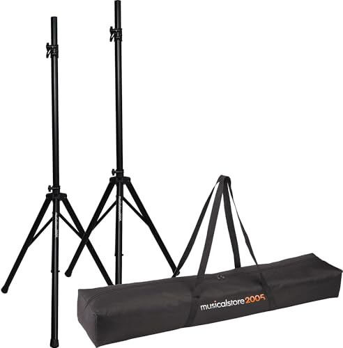 Coppia di Supporti per Casse Acustiche | MusicalStore2005 Set 2 Supporti Treppiede per Diffusori con Borsa – Regolabili in Altezza 120-180 cm, Struttura in Acciao Robusta e Borsa in Nylon Resistente