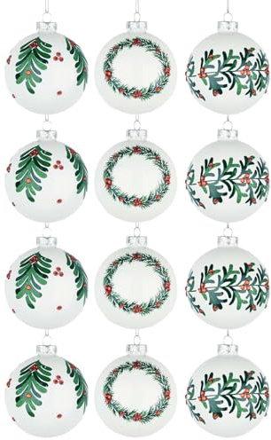 12Pcs/80mm Glass Baubles Christmas Tree Balls Spheres Hanging Ornaments Set Assorted Designs Xmas Tree Decorations, White