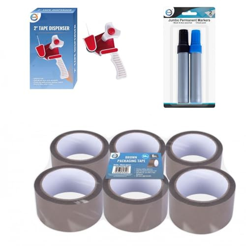 Heavy-Duty Gun Tape Dispenser + 6 Rolls of 66M Brown Packing Tape + 2 Jumbo Chisel Tip Permanent Markers – All-in-One Packaging & Labeling Solution – for Office & Home Use