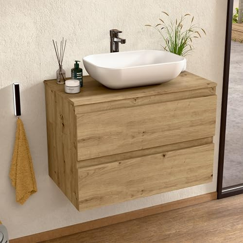 BELLOBATH - Mueble Baño Suspendido con Lavabo de Cerámica, Mueble Baño con Lavabo Montado con 2 Cajones, 60 x 55 x 46 cm, Mueble Roble