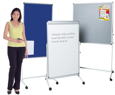 Grey Felt Mobile Noticeboard,120 x 70 cm, Double-Sided, Combination Flipchart Easel with Dry-Wipe Whiteboard on Reverse, Height Adjustable - Ideal for Office, School Presentation