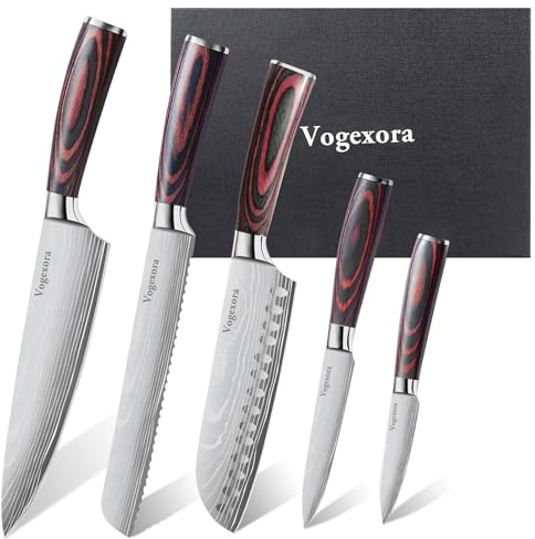 Vorgexora 5 Pcs Chefs Kitchen Sharp Knife Set - Japanese Professional Cooking Cutting Knives for Meat Vegetable Bread and Paring, High Carbon Stainless Steel Santoku