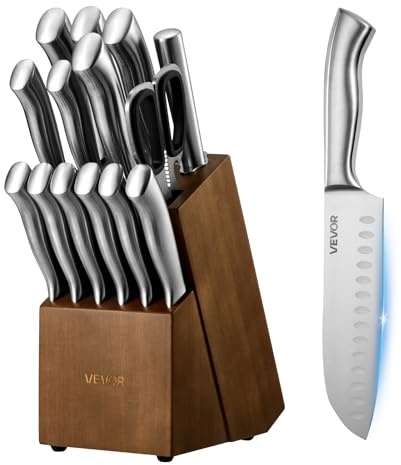 VEVOR Set di Coltelli da Cucina con Ceppo Portacoltelli in Legno e Acciaino da 15 pz in Acciaio Inossidabile ad Alto Tenore di Carbonio, Coltello da Cucina con Impugnatura Ergonomica, per Cuochi