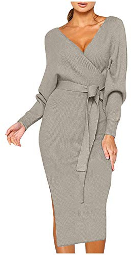 Stickade klänningar för kvinnor vinter långa tröjklänningar kvinnor elegant enfärgad v-ringad hög midja smal passform figurnära klänning med bälte lång tröja casual affärskläder festklänning, GRÅ, 3XL