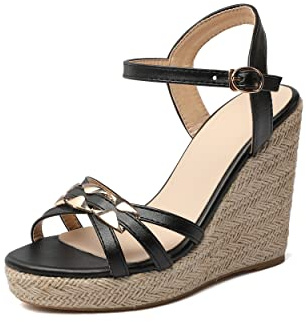 Sintético sexy peeptoe hebilla correa tacón cuña sandalias mujer tacón alto con 11 cm bombas para mujer talla grande t33-502, Negro , 46 EU