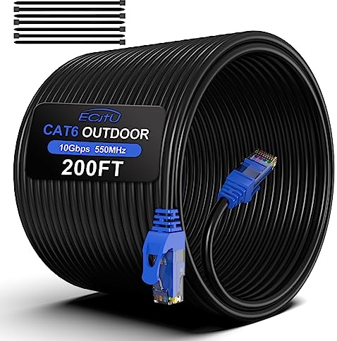 200FT Cat6 Outdoor Ethernet Cable, In-Ground, Heavy Duty Direct Burial, 24AWG CCA Patch Cord, POE, UTP, Waterproof, LLDPE UV Resistant, Network, Internet, LAN, Cat 6 Cable 200 Feet with 25 Cable Ties