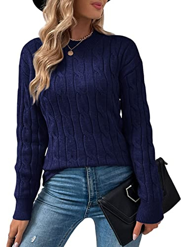 Niwicee Maglione da Donna Girocollo Maniche Lunghe Donna Elegante Casual Maglione Caldo Maglione Lavorato a Maglia Maglione Autunno Inverno Pullover Casual Knitted Bluse-D-Blu Navy-L