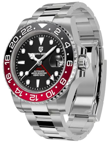 Pagani Design 1662 Herren Automatik GMT Mechanisch Edelstahl 40MM Uhr Saphirglas Wasserdicht Leuchtend Mode Business Herrenuhr(Schwarz Rot)