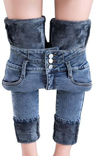 Yesgirl Femme Pantalons Hiver Chaud Thermique Pantalon Jeans Polaire Pant Haute Skinny Stretch Legging Grande Taille Décontractés Pantalon B Bleu Clair S
