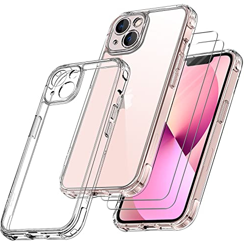 Qasyfanc Coque Protection Caméra Compatible avec iPhone 13 et Verre Trempé, [Protection Militaire] Coque Antichoc Anti-Jaune Couverture à 360 Degrés, Transparent