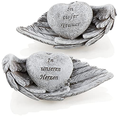 com-four® 2X decoración funeraria corazón con inscripción en alas - Adorno de Cementerio Resistente al Clima - Piedra Conmemorativa en Forma de corazón sobre alas de ángel (2 Piezas - corazón/ala)