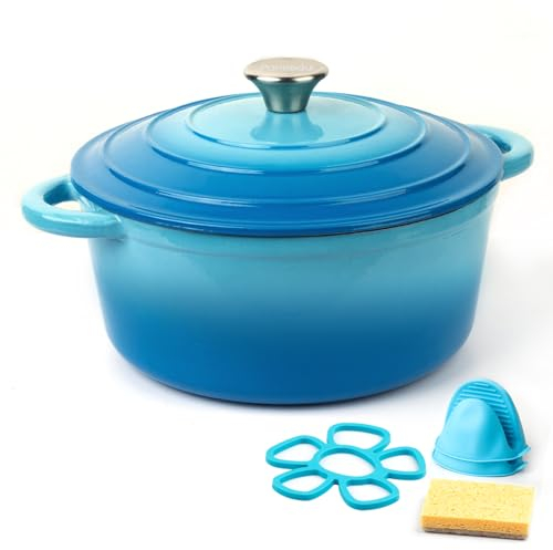 Parmedu Casseruola in Ghisa Smaltata 5L: Robusta Pentola Olandese con Coperchio e Manici Blu, Accessori in Silicone e Spugna, Ideale per Brasare, Cuocere a Vapore, Arrostire e Cuocere al Forno