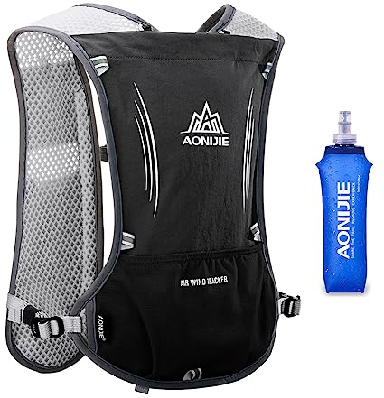 AONIJIE Paquete de chaleco de hidratación para correr de 5 litros con 9 bolsillos de seguridad, ajustable y ligera, mochila de hidratación para maratón, carreras, senderismo, ciclismo (negro con