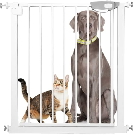 SUBTLETY Treppenschutzgitter ohne Bohren Türschutzgitter aus ABS-Kunststoff und Stahlrohr 75-85cm Kinderschutzgitter Absperrgitter für Baby Hund Treppengitter mit Automatischer Abschaltung (Weiß)