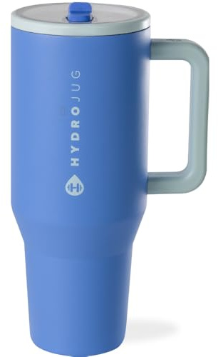 HydroJug Traveler - 40 oz Water Bottle with Handle & Flip Straw - Fits in Cup Holder, Leak Resistant Tumbler-Reusable Insulated Stainless Steel & Rubber Base - Gifts for Women & Men, Riptide