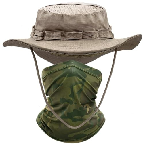 ehsbuy Sonnenhut Herren Safari Boonie Fischerhut Military Atmungsaktiv Mesh Fischerhut Kühlenden Schlauchschal Buschhut mit Verstellbarer Kinnriemen für Wander Jagd Outdoor Sommer