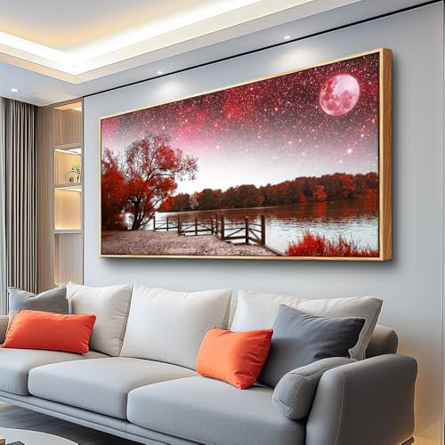MHARTK66 Wood Framed Wall Art For Living Room Large Canvas Prints Wall Decor For Bedroom Starry Sky Landscape Wall Painting Office Decorations Artwork Red Tree Pictures Ready To Hang Hotel Mural