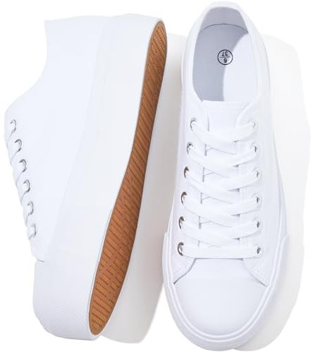 SERNIAL Womens White Platform Sneakers Low Top Platform Shoes Black Canvas Shoes for Women(Full White,US8)
