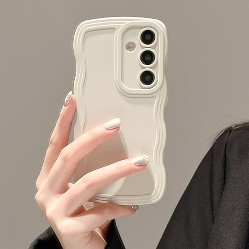 UEEBAI Wave Frame Case for Samsung Galaxy S25 5G, Cute Wave Frame Slim Fit Shockproof Phone Bumper Cover Soft Pretty Curly Wavy Case Anti-Scratch TPU Case - White