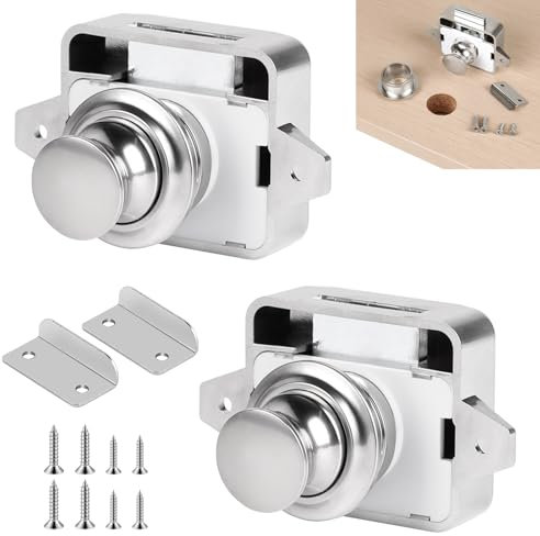 SUPAWAY 2 Cerradura puerta boton,Boton armario camper,Cierre puerta autocaravana,Boton cajon cierre armario,Pestillo gabinete sin llave botón pulsador,Botón de cierre para armario con tornillos, Plata