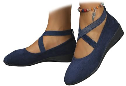 Zapatos cómodos de cuña con correa elástica entrecruzada sin cordones para mujer, bailarinas para mujer con correa elástica cruzada en el tobillo, puntera redonda, zapatos cómodos de tacón, Blue, 37
