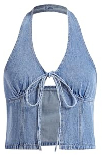 SOLY HUX Women's Y2k Denim Halter Top Summer Backless Tie Front Party Club Crop Tops Plain Light Blue Medium