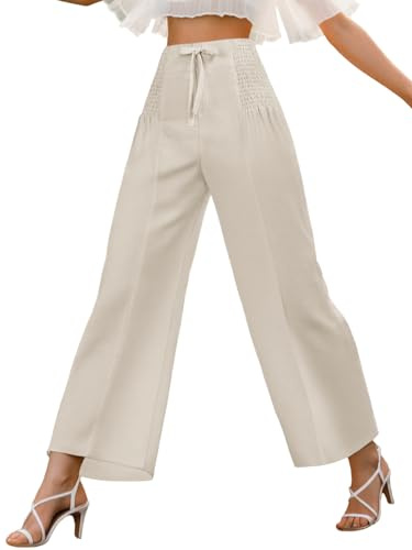 Women's High Waist Casual Palazzo Pants Drawstring Smocked Boho Wide Leg Beach Trousers Flowy Loose Fit Pant, Apricot, S