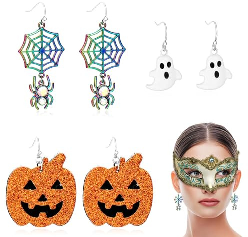 XPOOP 3 par halloween örhängen smycken, spindlar spöke pumpa örhängen, halloween örhängen gåva tillbehör för kvinnor, visning, häxdekoration