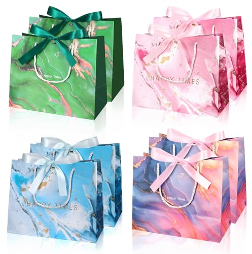 Candcamp 8 Pcs Medium Gift Bags with Ribbon Handles, Elegant Marble Design Paper Gift Bags with Bow for Birthday, Wedding, Baby Shower, Bridesmaid Presents & Any Occasion（Multi）