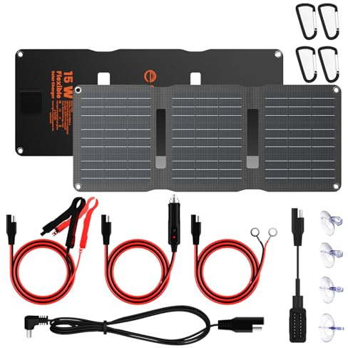 Flexsolar 15W Solar Autobatterie Cargador Panel Solar, IP67 Panel Solar Impermeable Cargador de Batería Portátil con USB DC SAE Cable de Conexión para Coche, Barco, Motocicleta, Remolque, etc