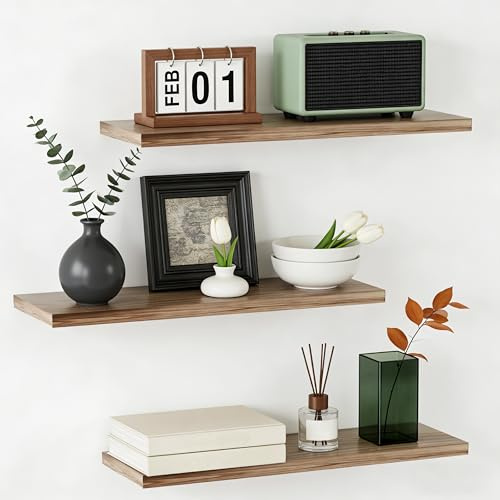 FREEAMG Lot de 3 Étagère Murale en Bois, 40CM Étagère Suspendue, Étagère Murale en Bois pour Maison, Salon, Salle de Bain, Bureau, Cuisine (Brun)