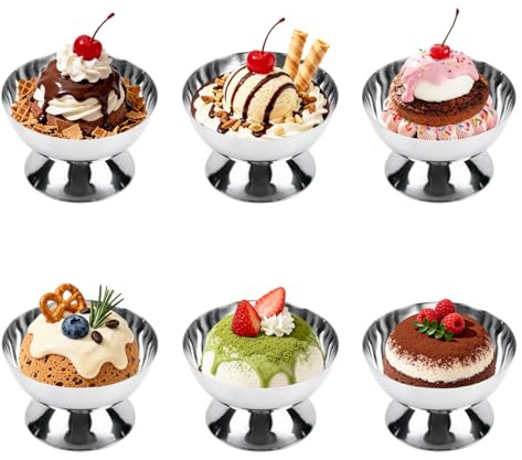 Tomotato glasskål, 207 ml rostfritt stål Ics gräddkoppar (6, kort) | Footed Ice Cream Serveringskopp Liten Sundae Skål för Dessert Sundae Pudding Sallad Cocktail Krydda Trifle Yoghurt Muffin
