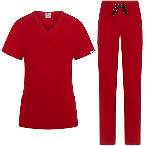 B-well Bella - Set di scarpe da donna con casacca e pantaloni per medico, uniforme, con pantaloni, abbigliamento medico e professionale, con elastan, Colore: rosso, XS