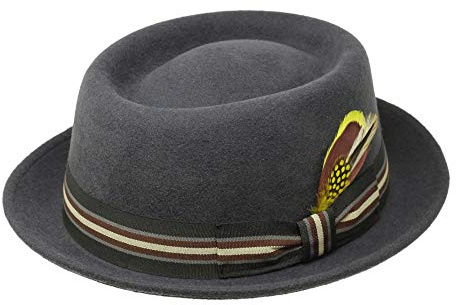 BORGES & SCOTT Premium Defoe - Sombrero Pork Pie con Pluma Extraíble - Fieltro de Lana 100% - Resistente al Agua - Plegable para Viajar - Gris Oscuro 58cm
