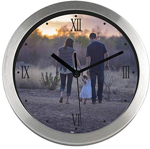 Gran Reloj de Pared PERSONALIZADO (con Logo, Foto o Imagen) · Carcasa de Aluminio Cepillado (Esfera C) · Mecanismo Silencioso · Reloj Cocina Pared con 4 Números Romanos · Incluye Caja Regalo
