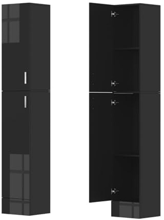 QIHANG-UK Tall Bathroom Cabinet, Narrow Floor Standing Cupboard Organizer, High Gloss Slim Kitchen Storage Unit with 2 Doors 4 Shelves, Tallboy Corner Shelving Cabinet for Living Room (Black)