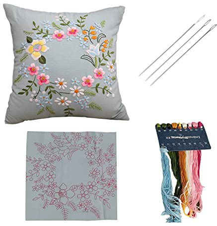 Colcolo DIY Stickerei Kissenbezüge Kit Halbfertige Bunte Fäden Kissenbezug Kit Material, Gewebe Blumenmuster Kits für Schlafzimmer Dekoratives Geschenk, hellblau