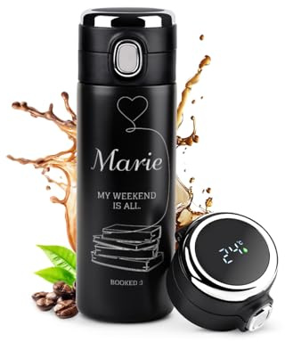 Maverton Thermobecher Kaffeebecher mit Gravur 400 ml - Trinkflasche Auslaufsicher 100% dicht - Thermo Trinkflasche mit LED-Temperaturanzeige - Travel Mug für Frauen - schwarz - Leserat