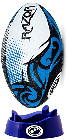 Optimum Razor Ballon de rugby – Parfait pour l'entraînement et le jeu, excellent vol et rétention d'air, surface alvéolée en caoutchouc pour une meilleure adhérence, 2 plis, 410 g, noir/bleu, taille 3