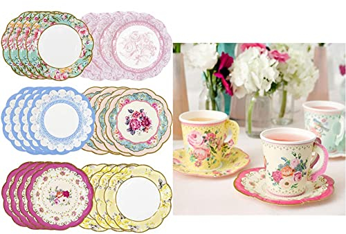 Pack of 24 Vintage Floral Paper Plates with Scalloped Edge, Wedding 17.5cm & TalkingTablesVintage Floral Tea PartyPaper Cups and SaucersPack of 12Mixed Colours