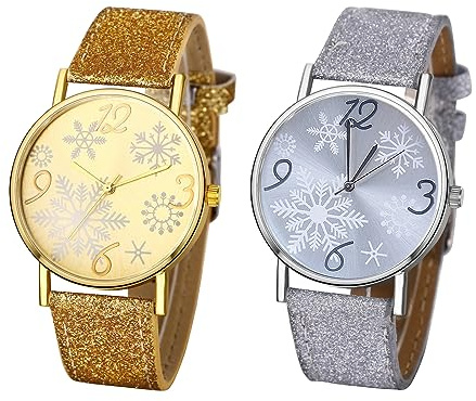 JewelryWe Julklocka, Rund par klocka, herr och kvinna klocka, Quartz Analog Klocka Snöflinga, Silver Gold, 2 stycken, Silver/Guld, rem