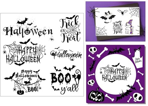 Arbuya Halloween Sentiment Clear Stamps for Card Making or Journaling Bat Cat Trick or Treat Words Spider Web Silicone Rubber Stamps for Scrapbooking Albums Journals Paper Crafts
