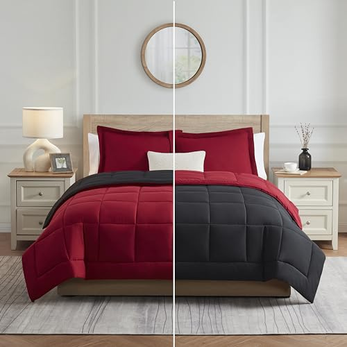 Nestl Trapunta con inserto per piumino, 3 pezzi, piumino alternativo king size con 2 federe, per tutte le stagioni rosso/nero, piumino king size con linguette angolari