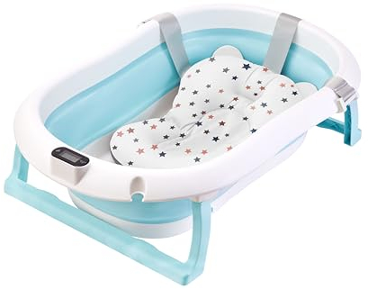 wuuhoo® Große ergonomische Baby Badewanne Abby, Faltbare Badewanne für Babys, Kinderbadewanne mit integriertem Thermometer und Badekissen mit Badewannenkissen (blau)
