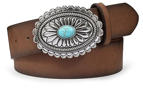 WERFORU Ceinture en cuir vintage pour femme - Style western, cowgirl, rétro - Turquoise - Ceinture de campagne pour jeans, pantalons, robes, C-marron, 110cm--Für Taillengröße 79-91cm