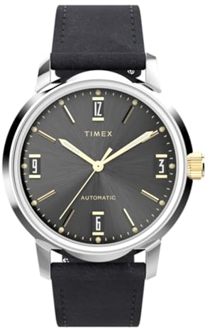 Timex Marlin Automatic Herren-Armbanduhr, 40 mm, schwarzes, zweiteiliges Lederarmband mit Schnellverschluss, schwarzes Zifferblatt, Edelstahlgehäuse TW2W33900