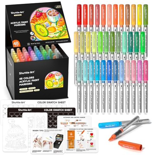 Shuttle Art Automatic Ink Control Acrylic Paint Pens, 48 Colours Brush Tip Paint Marker Pens, Paint Pen for Rock Painting Ceramic, Wood, Fabric, Glass, Stone, Art Marker Pen Set for DIY & Art Supplies