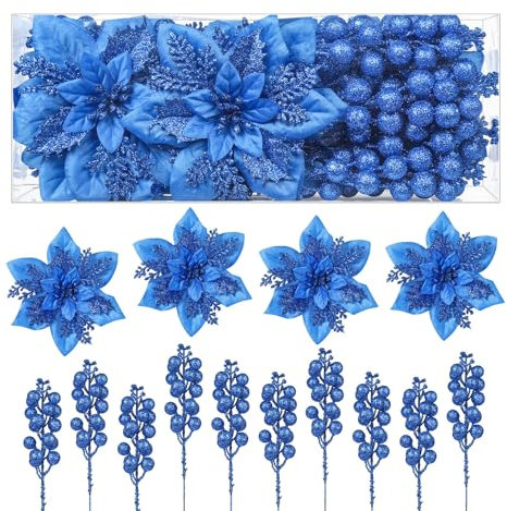 Alupssuc 24pcs Poinsettia Christmas Tree Decorations,Box 12pcs Poinsettia Artificial Flowers+12pcs Holly Berry Stem for Christmas Wreath Decorations,Xmas Tree Decorations,Christmas Decorations,Blue
